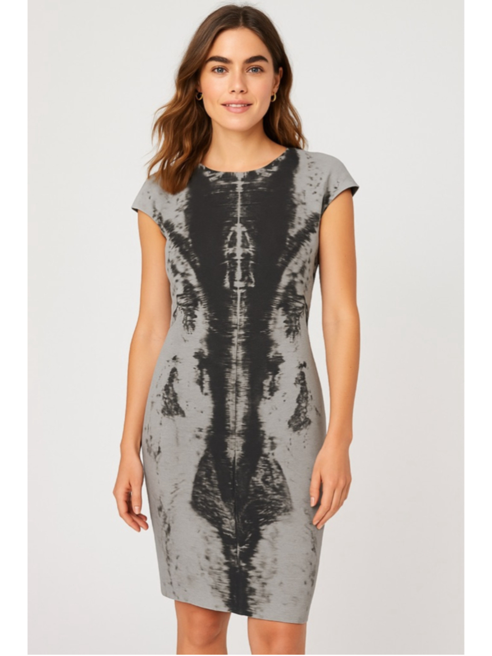 Akris Wool Silk Sheath Dress US 4 Gray Black Abstract Print Quiet Luxury